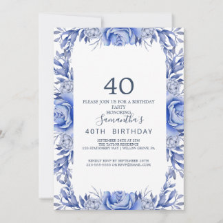 Blush and Navy Blume Blue Wreath 40. Geburtstag Einladung