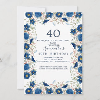 Blush and Navy Blume Blue Wreath 40. Geburtstag Einladung