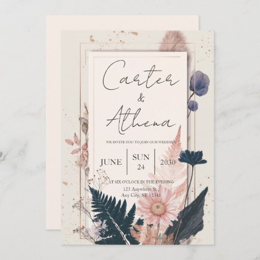 Blush and Navy Botanical Wedding Einladung (Vorne/Hinten)