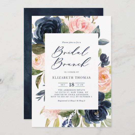 Blush and Navy Floral Frame Fall Bridal Brunch Einladung (Vorne/Hinten)