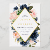 Blush and Navy Floral Frame QR Code Hochzeit Folieneinladung (Vorderseite)