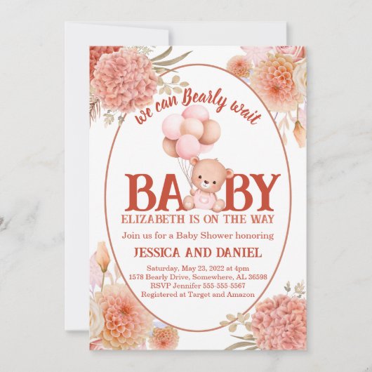 Blush and Pink Bear Baby Dusche Einladung (Vorderseite)