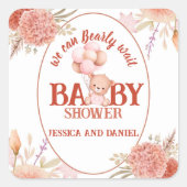 Blush and Pink Bear Baby Dusche Quadratischer Aufkleber (Vorderseite)