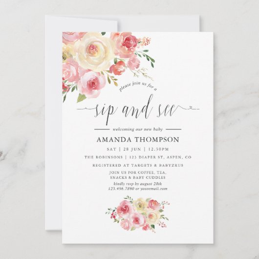 Blush and Sage Green Floral Sip and See Einladung (Vorderseite)