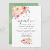Blush and Sage Green Floral Sip and See Einladung (Vorne/Hinten)