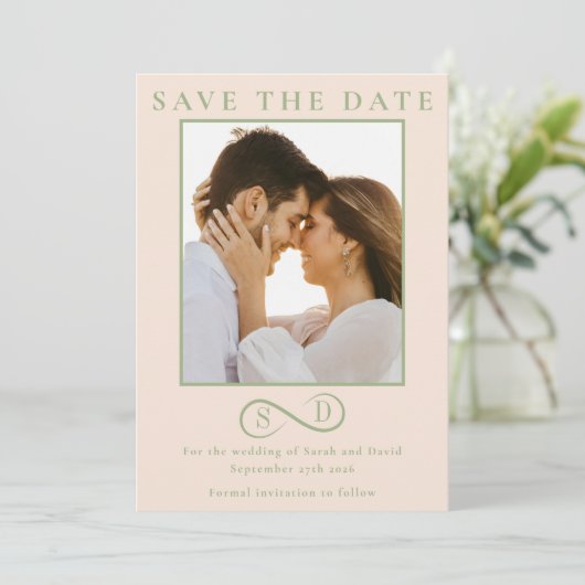 Blush and Sage Infinity Wedding Minimalist Modern  Save The Date (Stehend Vorderseite)