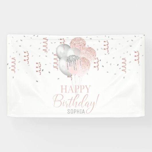 Blush and Silver Balloons Birthday  Banner (Horizontal)