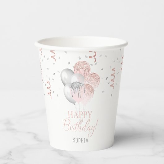 Blush and Silver Balloons Birthday Pappbecher (Vorderseite)