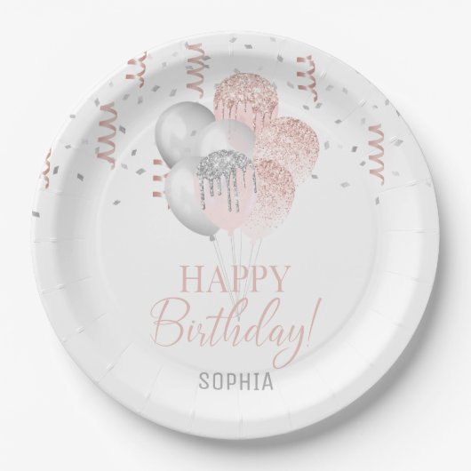 Blush and Silver Balloons Birthday Pappteller (Vorderseite)