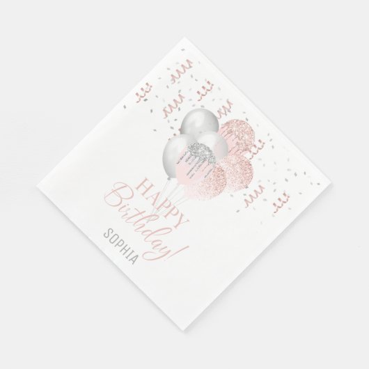 Blush and Silver Balloons Birthday Serviette (Ecke)
