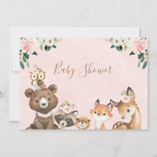 Blush and White Floral Woodland Babydusche Einladung (Rückseite)