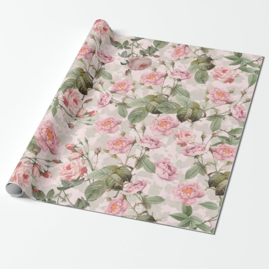 Blush Antique Redouté Rose Zweig auf rosa Muster Geschenkpapier (Ungerollt)