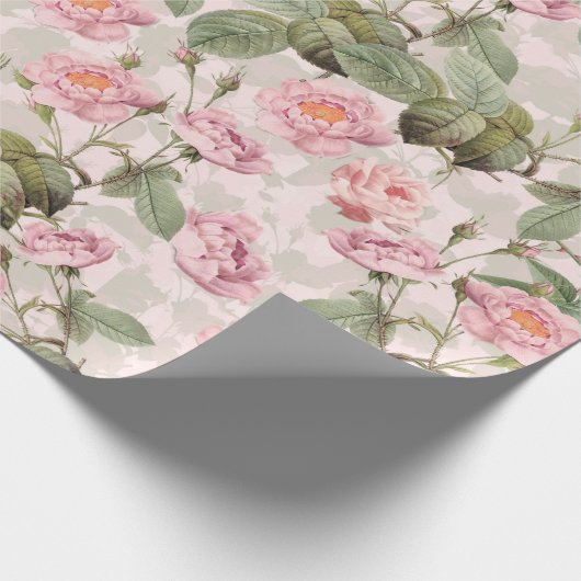 Blush Antique Redouté Rose Zweig auf rosa Muster Geschenkpapier (Ecke)