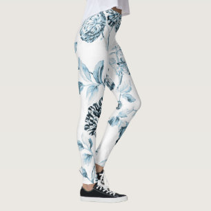 Blush Aquamarin Blue Vintag Botanischer Blumenstra Leggings