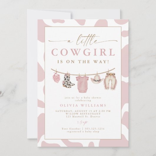 Blush Baby Clothesline Little Cowgirl Baby Shower Einladung (Vorderseite)