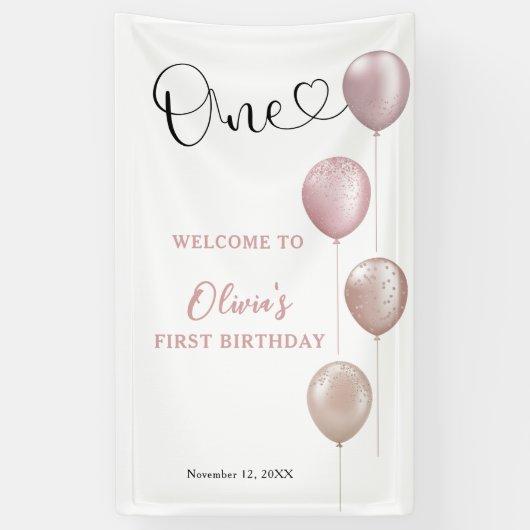 Blush Balloons Girl Erster Geburtstag Willkommen Banner (Vertikal)