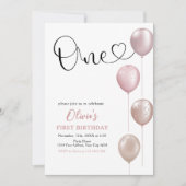 Blush Balloons Girl zum ersten Geburtstag Einladung (Vorderseite)