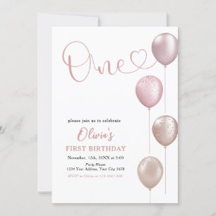 Blush Balloons Girl zum ersten Geburtstag Einladung