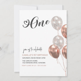 Blush Balloons Girl zum ersten Geburtstag Einladung