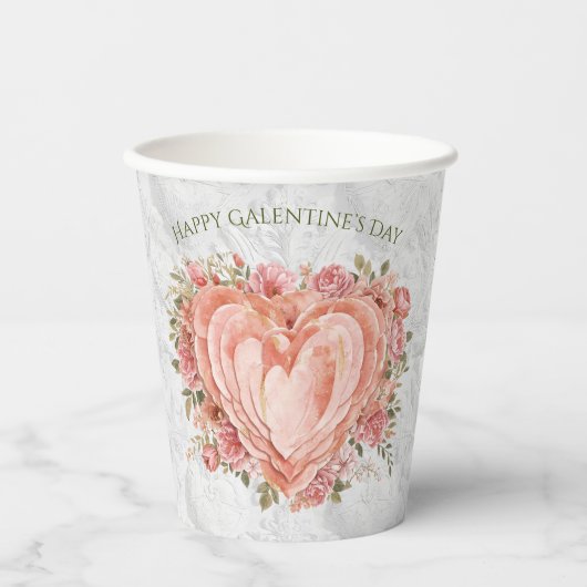 Blush Baroque Rococo Floral Heart Galentine   Pappbecher (Vorderseite)