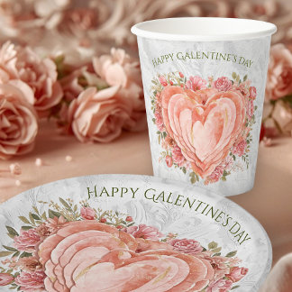 Blush Baroque Rococo Floral Heart Galentine   Pappbecher