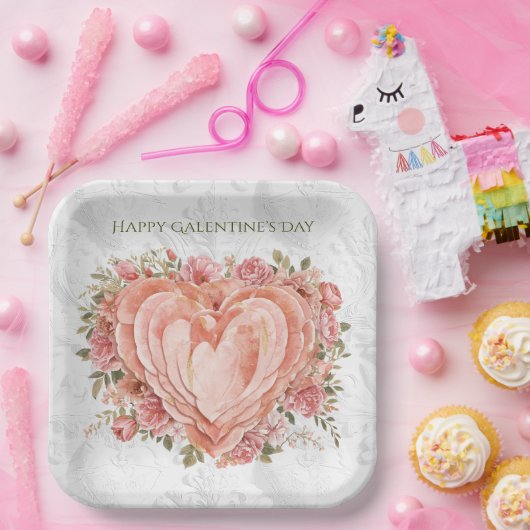Blush Baroque Rococo Floral Heart Galentine   Pappteller (Party)