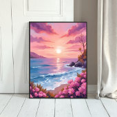Blush Beach Bay | Ocean Sunset Pink Watercolor Poster