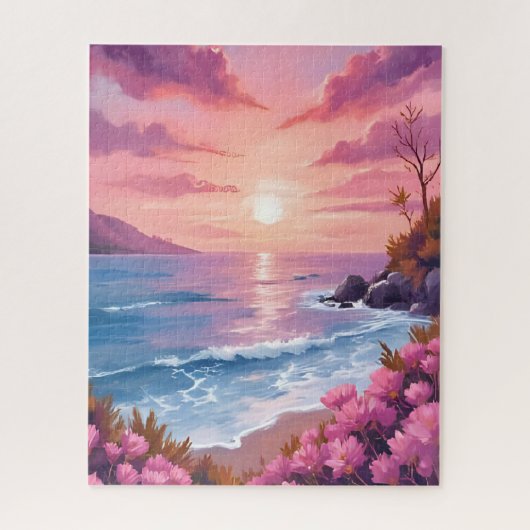 Blush Beach Bay | Ozean-Sonnenuntergang Rosa Wasse Puzzle (Vertikal)