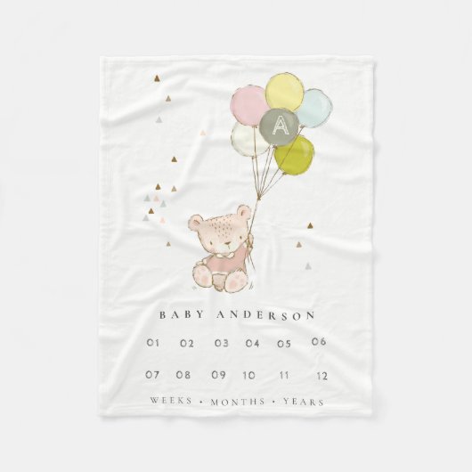 Blush Bear Balloon Girly Monogram Baby Milestone Fleecedecke (Vorderseite)