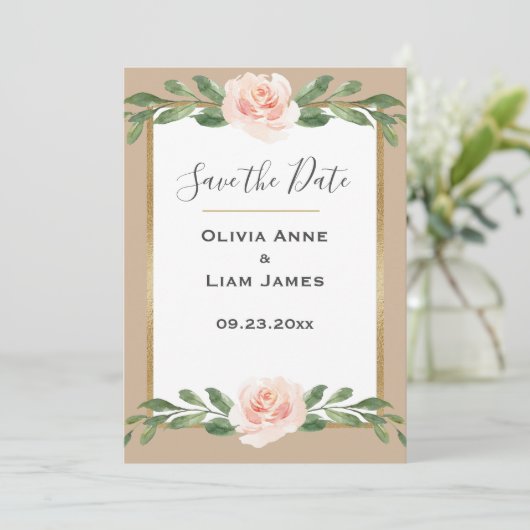 Blush Beige Floral Elegantes Script Gold Hochzeit Save The Date (Stehend Vorderseite)