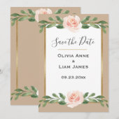 Blush Beige Floral Elegantes Script Gold Hochzeit Save The Date (Vorne/Hinten)