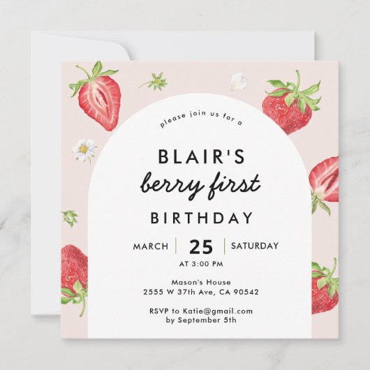Blush Berry First Birthday Strawberry Square Einladung (Vorderseite)