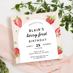 Blush Berry First Birthday Strawberry Square Einladung