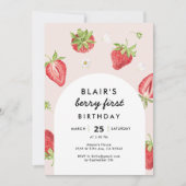 Blush Berry First Birthday Strawberry Thema Einladung (Vorderseite)