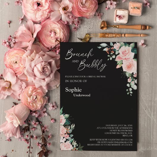 Blush Black Bridal Brunch mit Blütenblüte Einladung