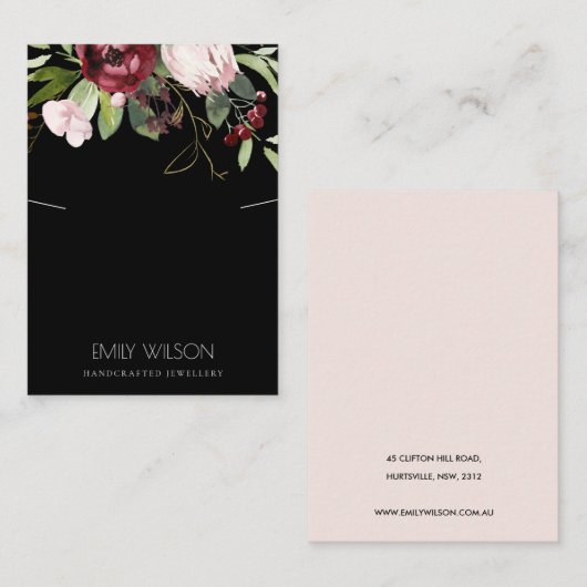 BLUSH BLACK BURGUNDY PROTEA FLORA NECKLACE DISPLAY VISITENKARTE (Vorne/Hinten)