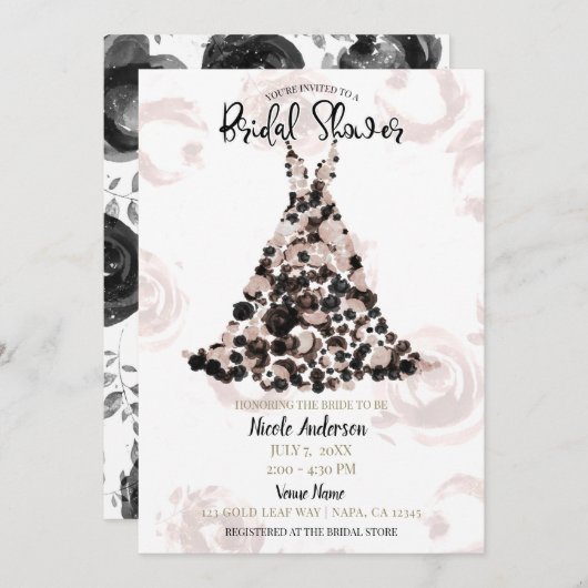 Blush Black Classy Bloral Rose Dress Brautparty Einladung (Vorne/Hinten)