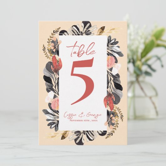  Blush Black Floral Botanical Wedding Table Number Dankeskarte (Stehend Vorderseite)
