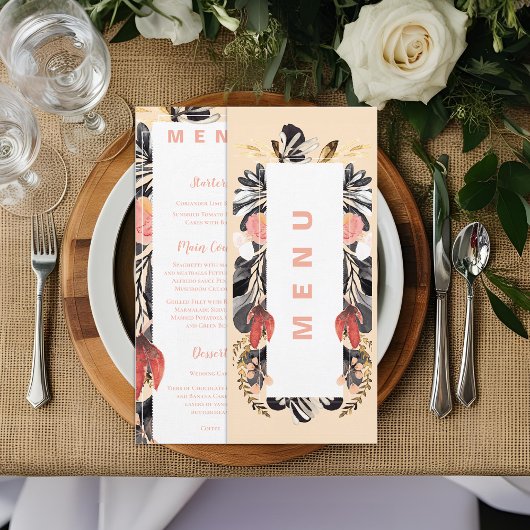 Blush & Black Floral Hochzeitsempfehlung Abendmenü Menükarte