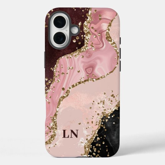 Blush Black Glitzer Agate Monogram Case-Mate iPhone Hülle (Rückseite)