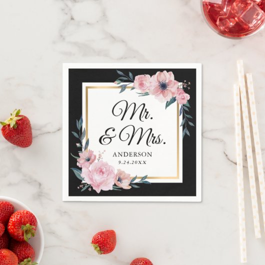 Blush Black Gold Floral Mr. & Mrs. Wedding Serviette (Beispiel)