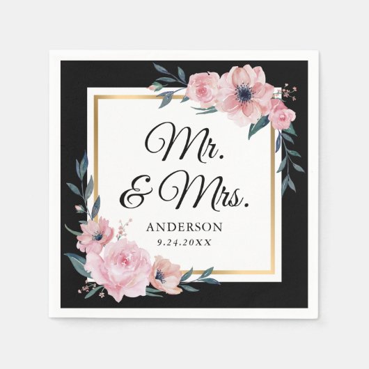 Blush Black Gold Floral Mr. & Mrs. Wedding Serviette (Vorderseite)