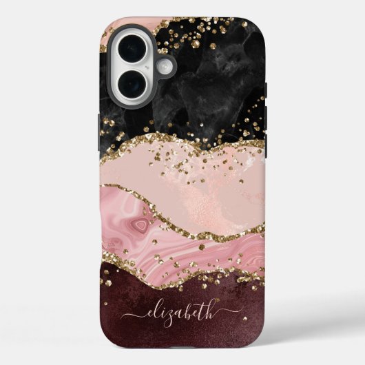 Blush Black Gold Glitzer Agate Name Script Case-Mate iPhone Hülle (Rückseite)