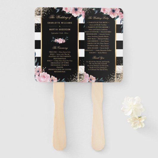 Blush Black Gold Glitzer Floral Wedding Program Fächer (Vorne und Hinten)