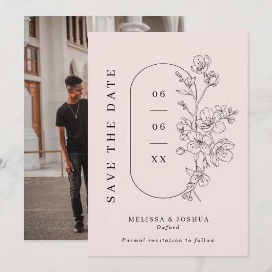 Blush & Black Line Gezeichnet blumengeschmückte Fo Save The Date (Vorne/Hinten)