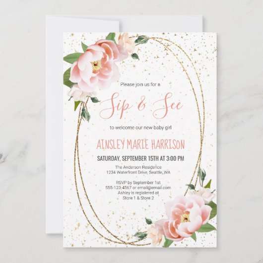 Blush Bläschen Sip & See Baby Girl Dusche Einladung (Vorderseite)