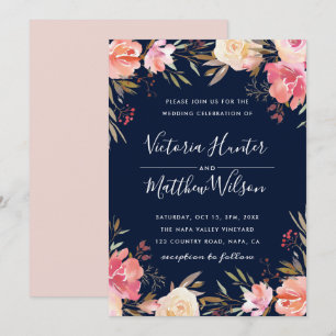 Blush Blom Floral Wedding Einladung   Dunkelblau