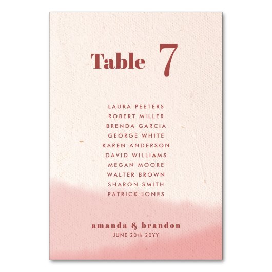 Blush & Bloom Bold Script Wedding Guest Names Tischnummer (Vorderseite)