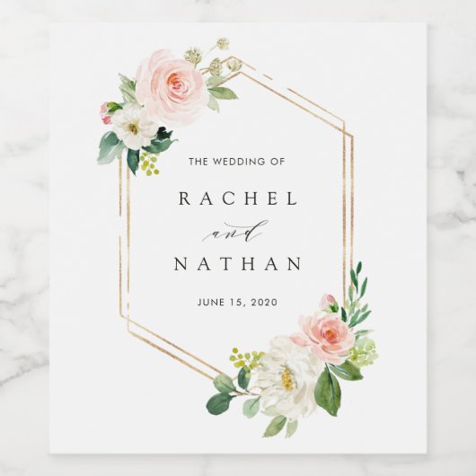 Blush Bloom Gold Hexagon Frame Wedding Weinetikett (Einzelnes Label)