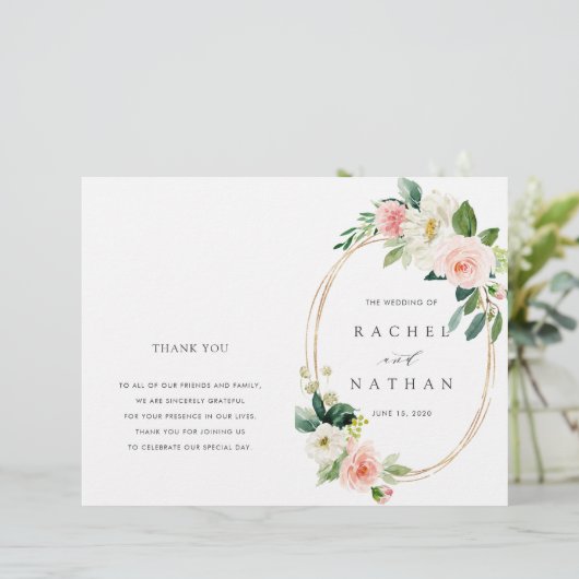 Blush Bloom Gold Oval Rahmen Faltprogramm Hochzeit (Stehend Vorderseite)
